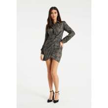 Womens Mini Dress With Long Sleeves And Twisted Front Detail In Khaki - Leopard Star Print By Liquorish