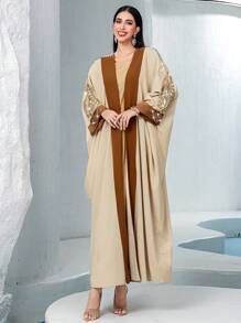 Comfortable Breathable Heavily Embroidered Handmade Crystal Beaded Loose Casual Robe Jacket Abaya - Khaki - View 1