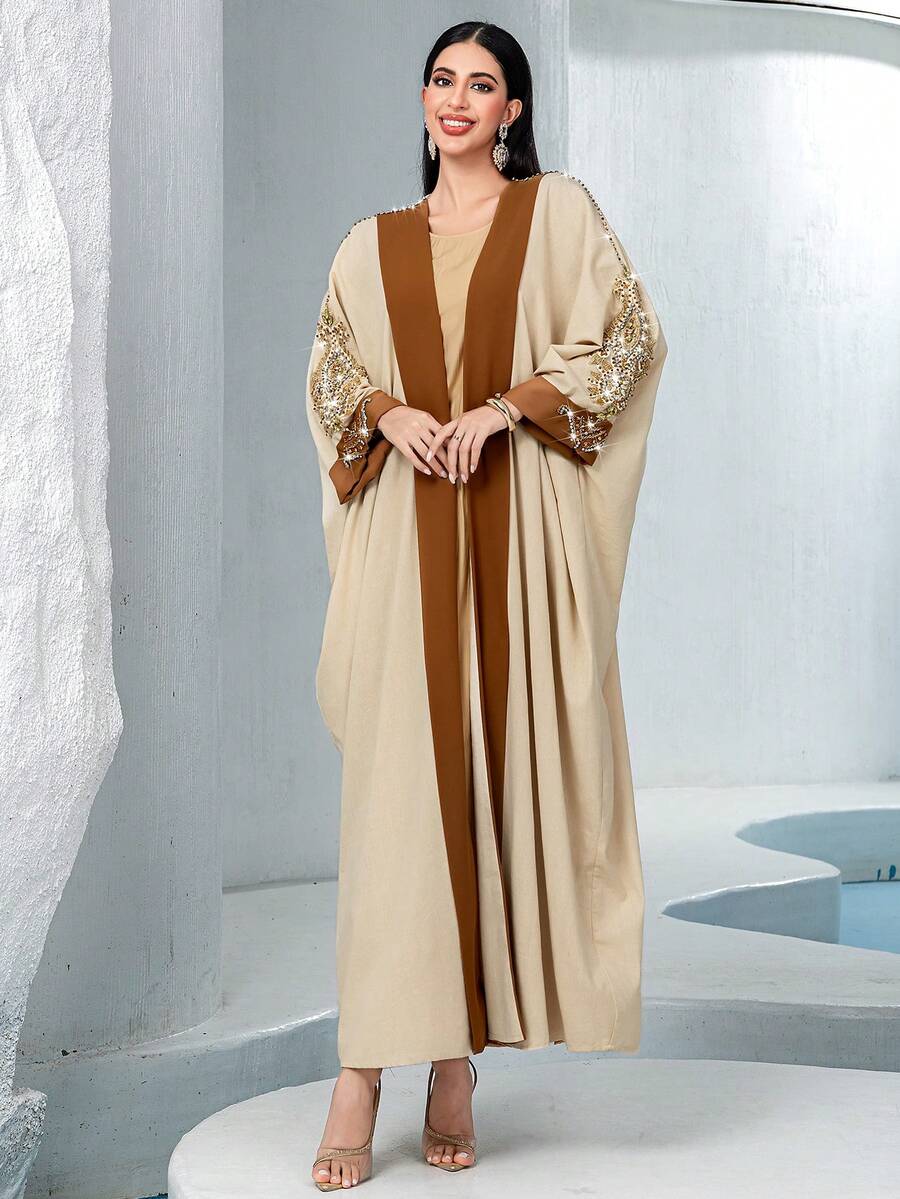 Comfortable Breathable Heavily Embroidered Handmade Crystal Beaded Loose Casual Robe Jacket Abaya - Khaki - View 1