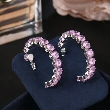 1 Par de Brincos de Botão Femininos Bonitos Pequenos e Redondos com Zircônia Rosa, Cor de Prata Antiquada, Jóias para Casamento, Noivado e Festa