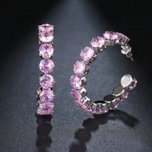 1 Par de Brincos de Botão Femininos Bonitos Pequenos e Redondos com Zircônia Rosa, Cor de Prata Antiquada, Jóias para Casamento, Noivado e Festa