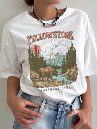 Wide Sleeve Casual Outdoor Landscape Print T-Shirt