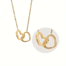 Customized Stainless Steel DIY Engraved Two Interlocking Hearts Necklace, Simple Heart Shaped Pendant Necklace, Personalized Couple Gift For Valentine's Day, New Year, Friend, Non-Fading Fashion Accessory