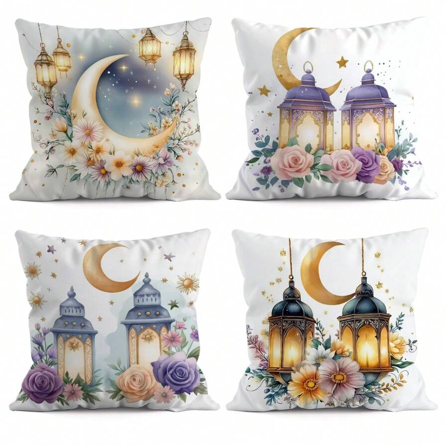 4 Stücke Ramadan Dekorative Kissenbezüge mit Blumen- und Laternen-Motiv