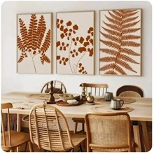 3pcs Self Adhesive Abstract Orange Plant Leaves Posters Farmhouse Fern Canvas Painting Modern Gallery Wall Art Room Decor Pictures Self-Adhesive Design, Easy To Install﻿