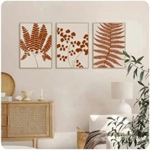 3pcs Self Adhesive Abstract Orange Plant Leaves Posters Farmhouse Fern Canvas Painting Modern Gallery Wall Art Room Decor Pictures Self-Adhesive Design, Easy To Install﻿