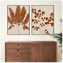 3pcs Self Adhesive Abstract Orange Plant Leaves Posters Farmhouse Fern Canvas Painting Modern Gallery Wall Art Room Decor Pictures Self-Adhesive Design, Easy To Install﻿