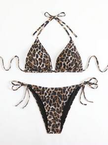 最新款大码露背豹纹休闲性感褶皱比基尼上衣，侧系带丁字裤泳装套装，中等弹力，适合度假海滩夏季穿着 - 咖啡棕 - 查看 5