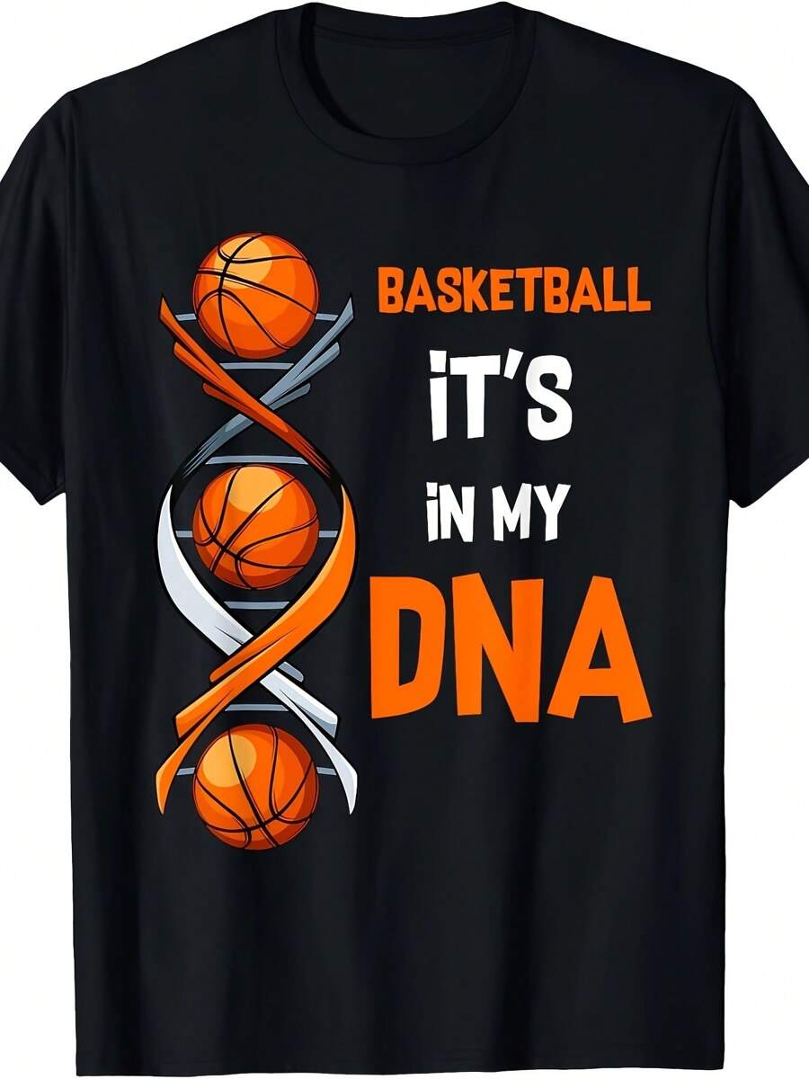 Basketball Printed In My DNA, Men's Round Neck Short Sleeve Cotton T-Shirt, Casual And Comfortable Daily Wear Black One Piece G - 黑色 - 查看 1