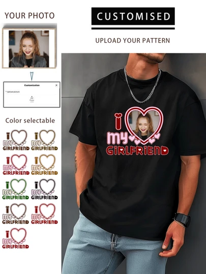 Customized Personalized Men's Pattern Printed Loose Short Sleeve T-Shirt For Girlfriend Party, Couple Matching, Men T-Shirt Upload Your Girlfriend Image To Create A Personalized T-Shirt Stylish, Fashion, Capsule Wardrobe, Men Basic/Street Style Ideal Gifts For Him Boyfriend, Family, Friends For Birthdays, For Vacation/Holiday, For School/Competition, For Sports/Climbing