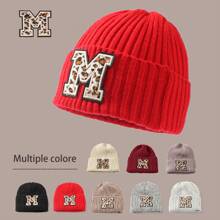 1pc Letter & Leopard Striped Casual Bohemian Acrylic Solid Embroidered Ski Beanie Hat, Knitted, Autumn/Winter, Versatile