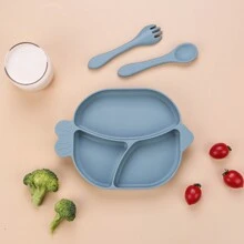 3pcs/Set Baby Feeding Tableware Set, With Divided Plate, Suction Cup Silicone Plate, Toddler Cutlery Including Fork & Spoon, Cute Fish Design