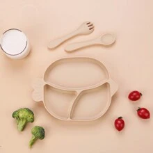 3pcs/Set Baby Feeding Tableware Set, With Divided Plate, Suction Cup Silicone Plate, Toddler Cutlery Including Fork & Spoon, Cute Fish Design