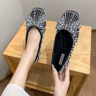 女士闪亮蝴蝶结装饰平底鞋，方头一脚蹬休闲鞋，水钻装饰，纯色，舒适，适合所有季节，黑色，时尚