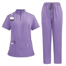 1 Set Women Short Sleeve Zipper Suit With Stand Collar And Pockets, Made Of Polyester Frosted Fabric, Loose Fit Nurse Scrub Uniform, Suitable For Hospital Work, Scrub Uniform Set - Purple - View 2
