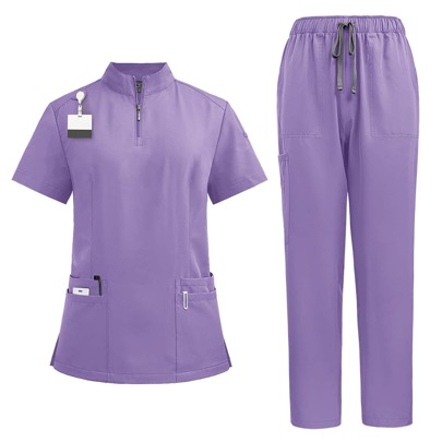 1 conjunto de mujer con cremallera, de manga corta, con cuello alto y bolsillos, fabricado en tela de poliéster mate, de corte holgado, uniforme de enfermera, adecuado para trabajo hospitalario, conjunto de uniforme de enfermera