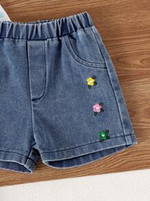 2 件套女婴云朵、彩虹和波尔卡圆点印花短袖 T 恤和刺绣花卉松紧腰牛仔短裤套装