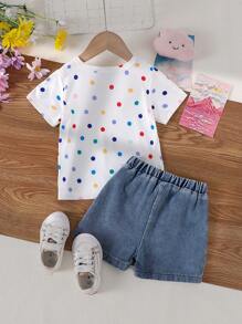 2 件套女婴云朵、彩虹和波尔卡圆点印花短袖 T 恤和刺绣花卉松紧腰牛仔短裤套装
