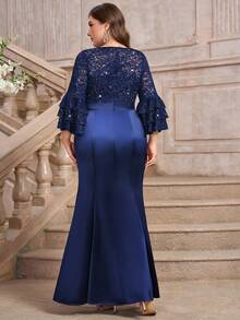 大码V领亮片花卉蕾丝撞色缎面荷叶袖美人鱼长裙，优雅正式舞会礼服，适合毕业典礼、晚宴、返校节及其他场合 - 藏蓝色 - 查看 3