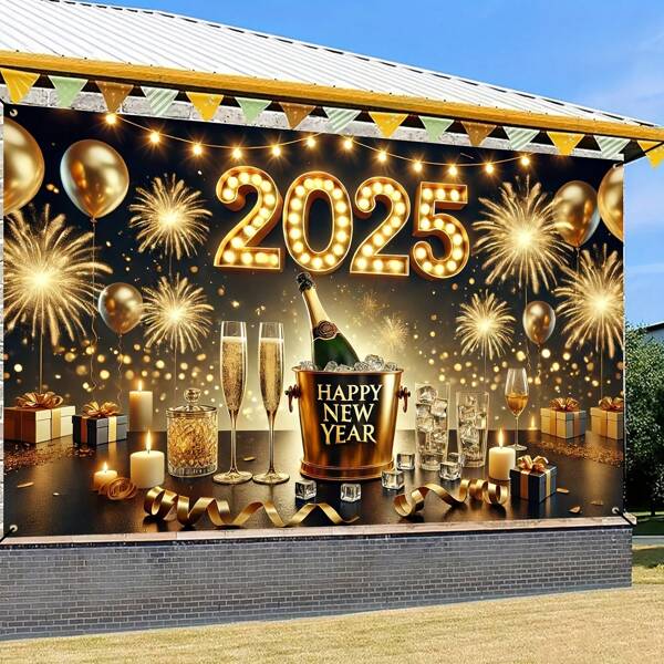 1Pc, 2025 Happy New Year Party Banner, Champagne & Fireworks Design, Polyester, No Power Needed - Perfect For Celebrations & Photography Best Gifts Birthday