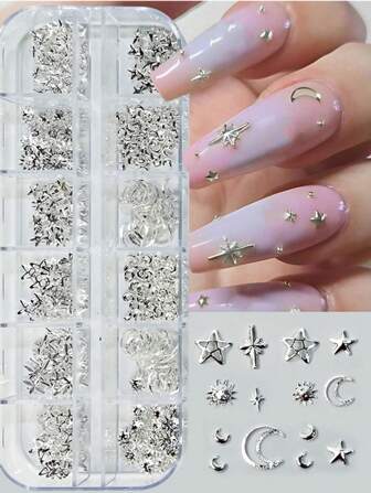 1 Boxes Star Moon Heart Triangle Square Rivet For Fingernails & Toenails Decor 3D Silvery Metallic Punk Nail Art Jewels 12 Grids Nails Nail Sequins Charms DIY Nail Gems Nail Supplies