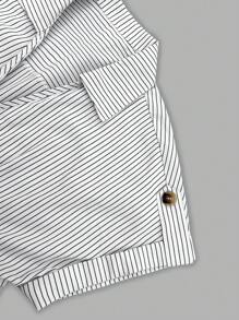 条纹 V 领系腰短袖优雅经典衬衫迷你罩衫休闲连衣裙宽松女士春夏秋季