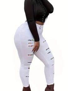 Women's High Waist Plus Size Tight Fitting Pants, Ripped Elastic Print Patchwork Fashionable Jeans, Women's Clothing & Denim