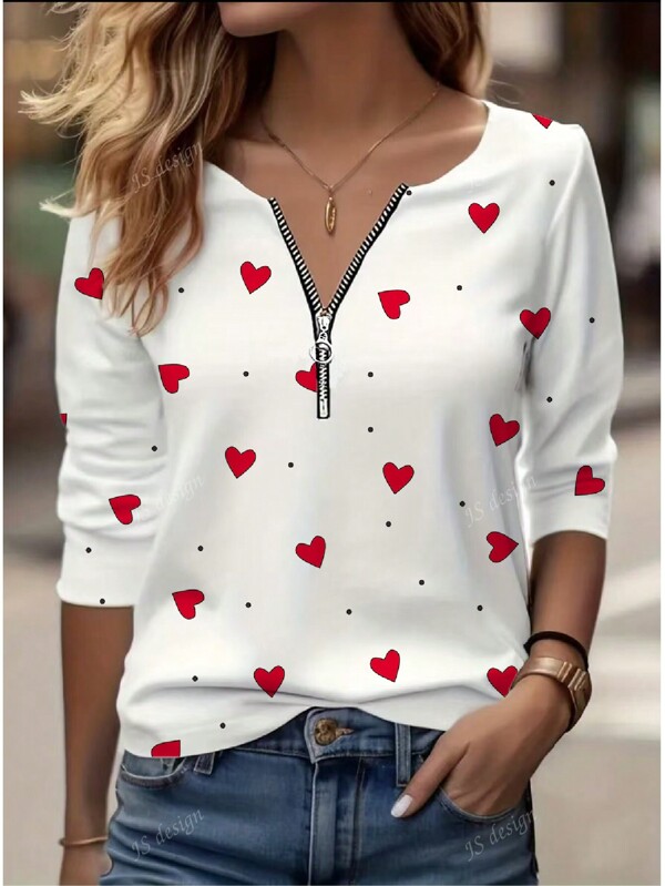 Spring/Summer Women Fashion Heart Zipper T-Shirt, Casual Blouse, Apparel Valentine's Day