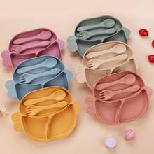 3pcs/Set Baby Feeding Tableware Set, With Divided Plate, Suction Cup Silicone Plate, Toddler Cutlery Including Fork & Spoon, Cute Fish Design