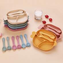 3pcs/Set Baby Feeding Tableware Set, With Divided Plate, Suction Cup Silicone Plate, Toddler Cutlery Including Fork & Spoon, Cute Fish Design