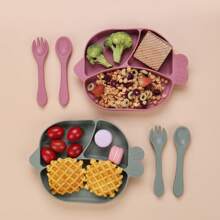 3pcs/Set Baby Feeding Tableware Set, With Divided Plate, Suction Cup Silicone Plate, Toddler Cutlery Including Fork & Spoon, Cute Fish Design