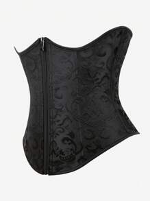 Underbust Corset With Jacquard Texture, Zippered Waist Cincher, Lace-Up Back, Waist Shaping Bodysuit