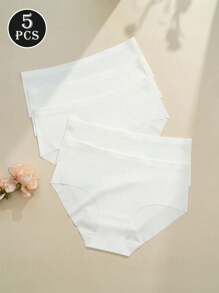 5 Pcs Women's Seamless Ice Silk Triangle Panties, Solid Color Soft Skin-Friendly Bikini, Comfortable Stretchy Briefs, Intimates Underwear & Lingerie Daily Wear - 白色 - 查看 5