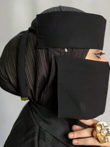1pc Soft Solid Color Chiffon Decorated With Tie-Up Face Veil, Flexible Fastener Conservative Arabian Style Modest Veil, Suitable For Daily Use, Black Veiled Clothes,Abayas Accessories Soft Hijab