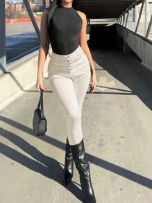 Apperloth A Solid High Waist Stretchy Button Fly Thermal Lined PU Leather Skinny Pants For Work Dress Pants Music Festival