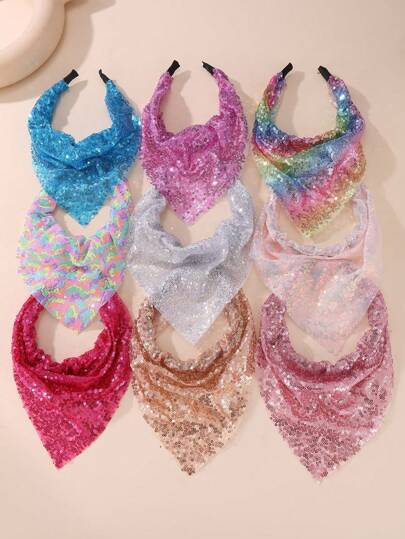 1pc Women's Minimalist Elegant Fashion Versatile Colorful Triangle Headband With Sequins & Mesh Bow, Suitable For Daily, Party, Music Festival, Ball, Summer, Beach, Vacation Wear