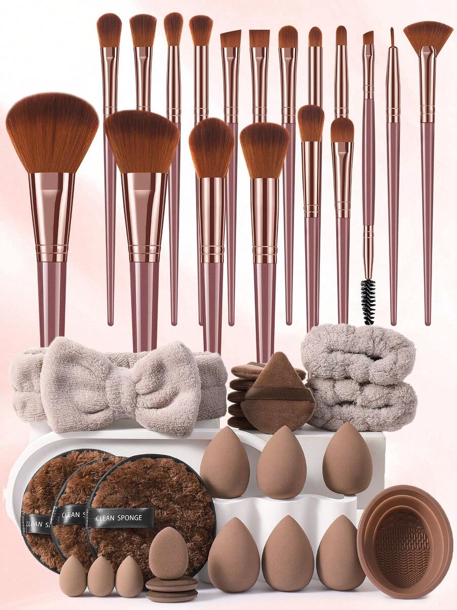 6/18/25/43件套化妆工具套装，包含：18支化妆刷套装+6个化妆海绵+3个迷你化妆海绵+6个三角粉扑+3个迷你气垫粉扑+1个发圈+2个手碗挂绳+3个洁面海绵+1个化妆刷清洁工具 - 彩色 - 查看 1