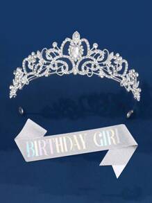 2szt Bling Rhinestone Crystal Silvery Crown Tiara Urodziny Księżniczka Sash I Korona Dla Kobiet Urodziny Księżniczka Party Dekoracje Akcesoria, Boże Narodzenie