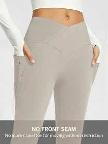 女士厚款保暖内衬拉链口袋腰部交叉休闲舒适健身瑜伽运动弹力紧身喇叭裤，适合秋冬季 - 灰色 - 查看 4