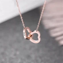 Customized Stainless Steel DIY Engraved Two Interlocking Hearts Necklace, Simple Heart Shaped Pendant Necklace, Personalized Couple Gift For Valentine's Day, New Year, Friend, Non-Fading Fashion Accessory