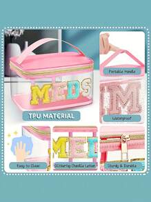 1 pièce Sac de maquillage minimaliste de couleur unie, imprimé de lettres en chenille, organisateur de voyage et de dortoir pour femmes, grande capacité, imperméable et portable, excellent cadeau pour maman, accessoire de voyage, trousse de maquillage multifonctionnelle pour les fêtes, fournitures scolaires, étui à cosmétiques, organisateur de cosmétiques, cadeau d'hiver pour elle - Multicolore - Voir 5