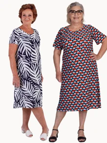 Kit 2 Ladies Cold Mesh Dress Loose Longuete Short Sleeve Curve Evangelical Fashion Midi Liganete Plus - Bộ 2 mẫu in đa dạng - Xem 1