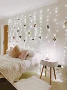 1pc 200 LED 2*2 Meter Copper Wire Fairy String Lights, Bedroom Decor, Wall Decor, Party Decor, Girls Room Decor, Battery Powered Curtain Lights - 白色 - 查看 3