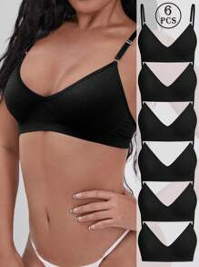 6pcs/Set Multicolor Women's Bras With Back Closure, Wireless & Padless Comfortable Bras With Adjustable Straps, Seamless Bras & Sports Bras - Black - View 5