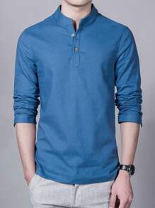 Camisa Cuello Mao Lino Hombre Casual Manga Larga Slim Fit, Camisa de hombre blanca lisa con botones ajustados, manga larga y corte entallado para trabajar y ocasiones casuales de negocios para esposo - Blanco - Ver 4