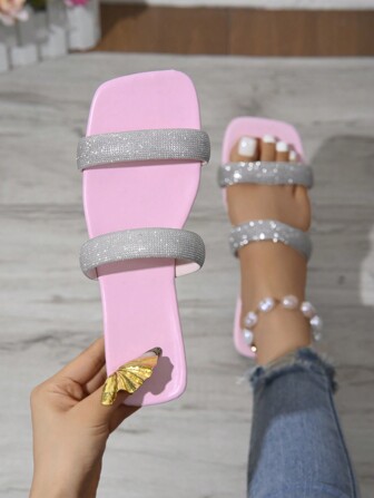 女士时尚优雅舒适水晶装饰平底凉鞋，海滩风格，露趾方头拖鞋，适合夏季