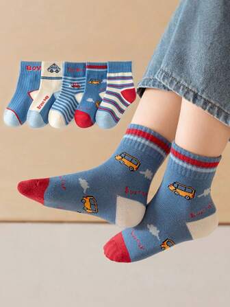 5 pares de calcetines a rayas con diseño de autos para niños, calcetines cómodos hasta el tobillo con diseño de dibujos animados para niños y niñas, adecuados para primavera, otoño e invierno