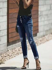 Women's Fitted Distressed Button Front Pocket Jeans