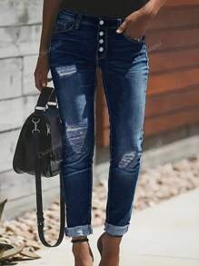 Women's Fitted Distressed Button Front Pocket Jeans