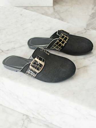 Women's Flat Sandals, Summer Round Toe Slip-On Pearl Rhinestone Embellished Flat Outdoor Walking Slippers, Versatile Casual Stone-Textured Beach Slides